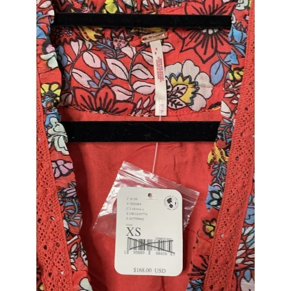 Free People Cassis Printed Chiffon Red Dress Flowy Maxi Party Size XS $168 NWT